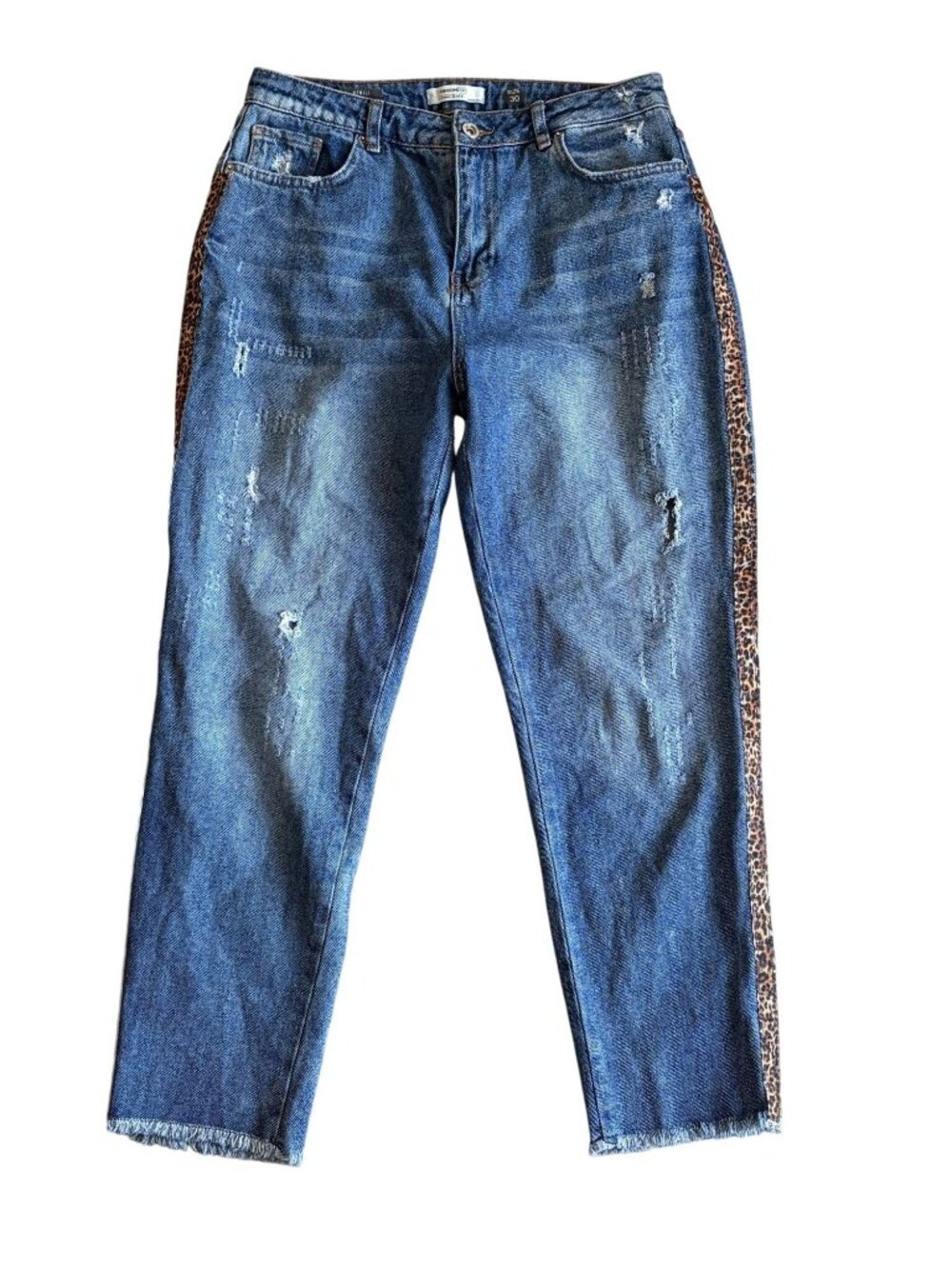 OrfeoNegro Mom Fit Distressed Jeans with Leopard Details Size 30